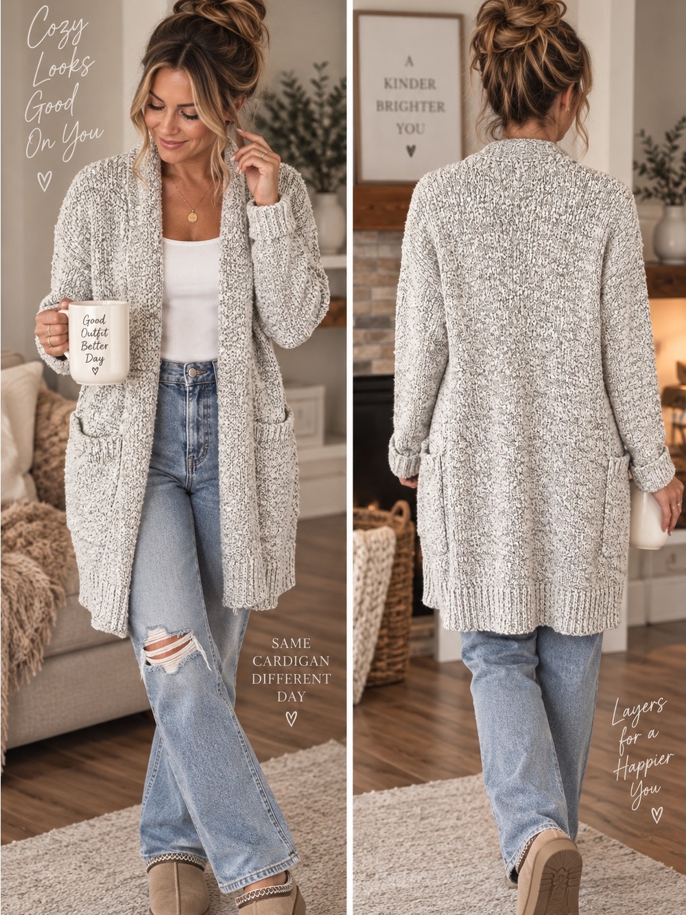 Garage Cozy Knit Cardigan Oatmeal Speckled Open Front M/L